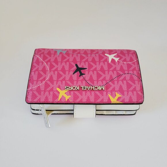 Michael Kors Jet Set Travel Agency Medium Bifold Zip Coin Wallet Dragonfruit - Picture 6 of 8